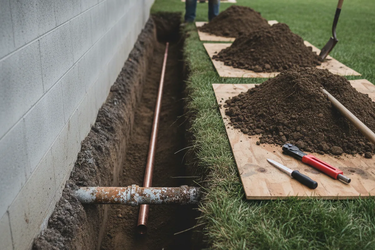 Excavated water line trench during Sewer Line Repair in Forest Lakes